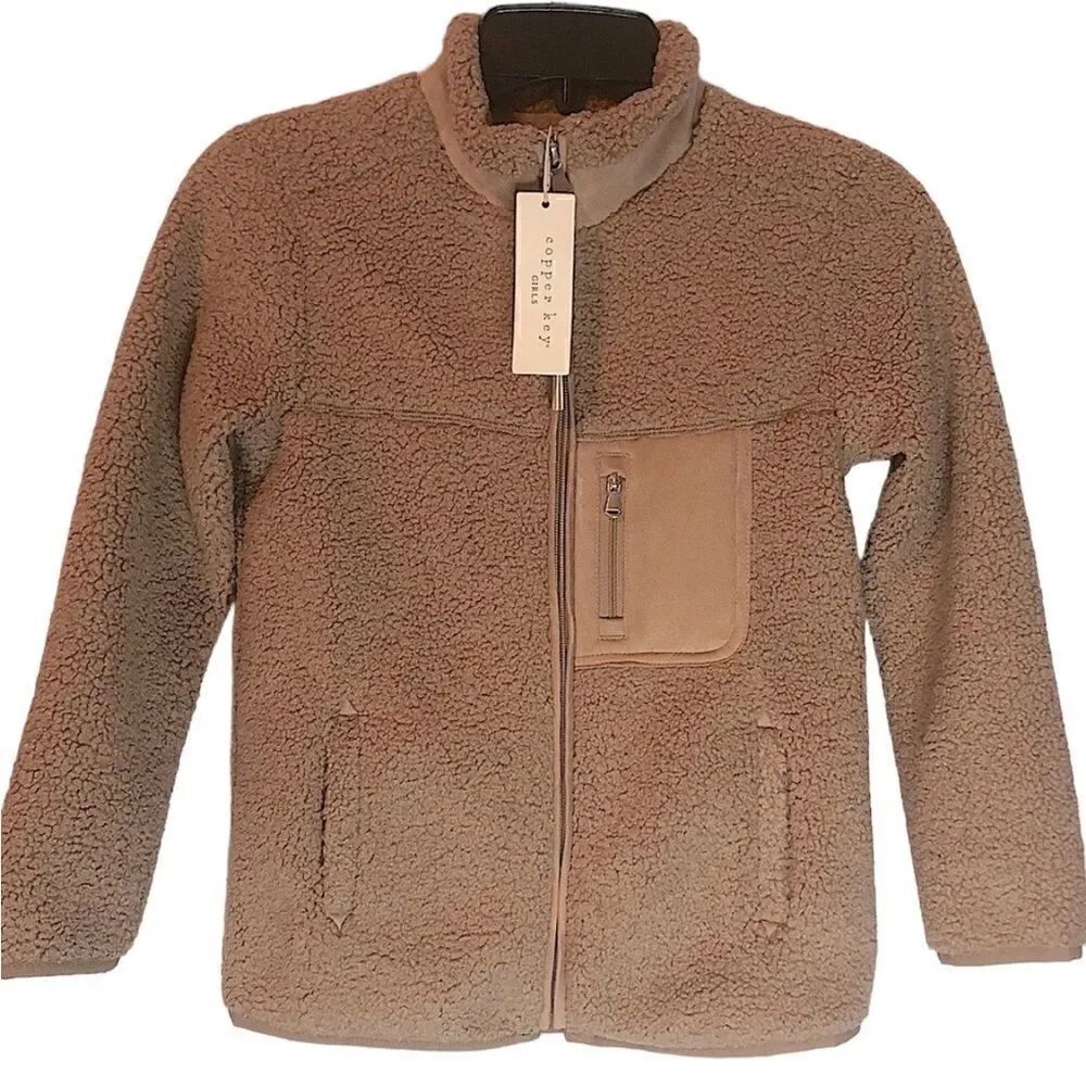 KIDS Girl Copper Key Khaki Tan Beige Faux Fur Jacket Coat Front Pocket